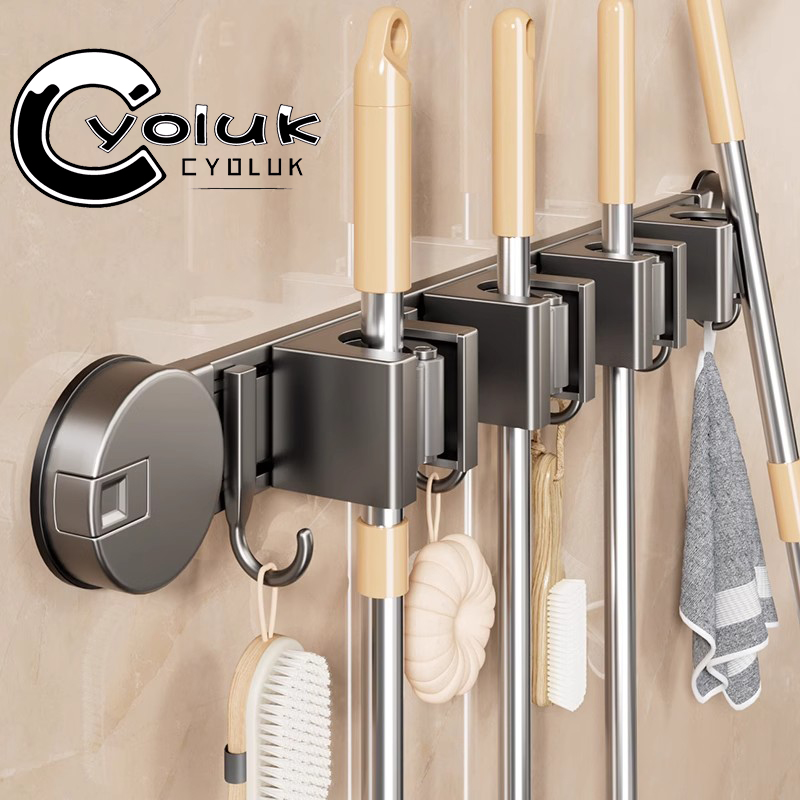 日本进口吸盘拖把壁挂夹挂钩化妆室扫把固定架浴室门后免打孔神器