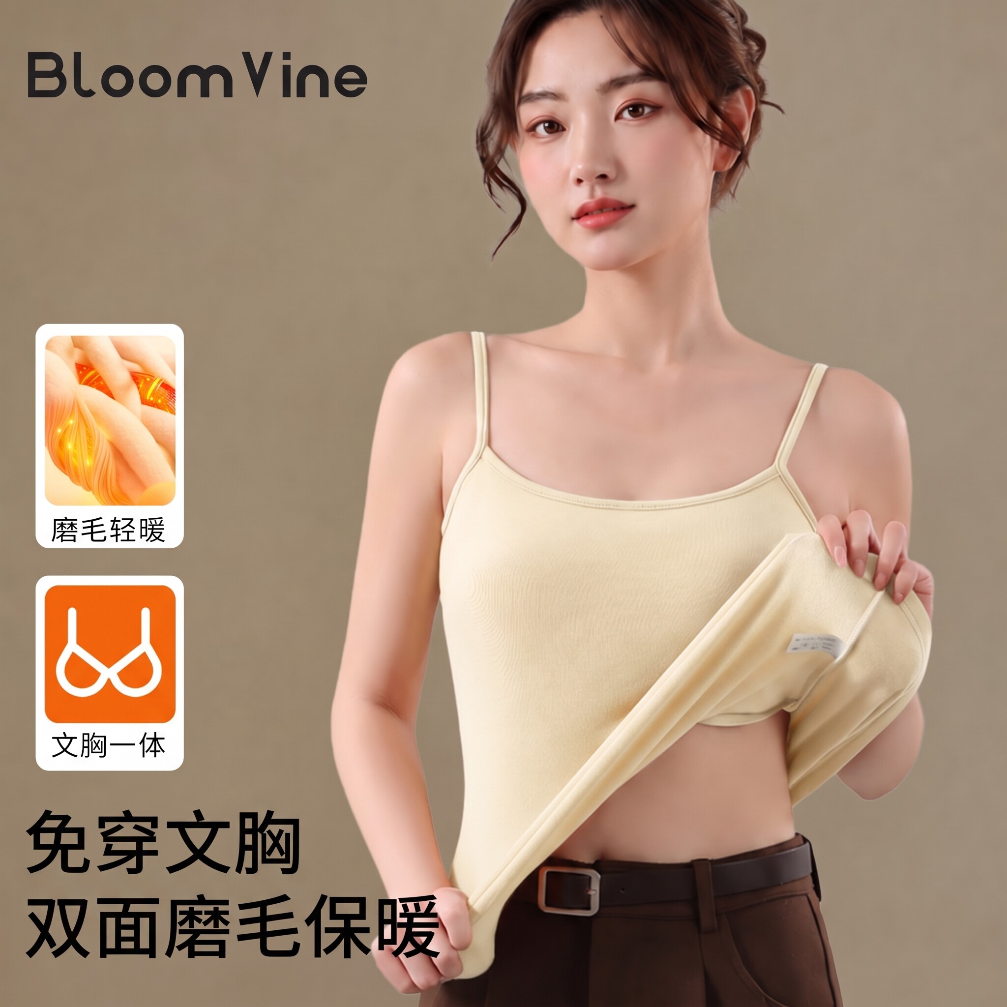 保暖吊带背心女带胸垫秋冬磨毛蓄热内衣修身显瘦内搭上衣文胸一体