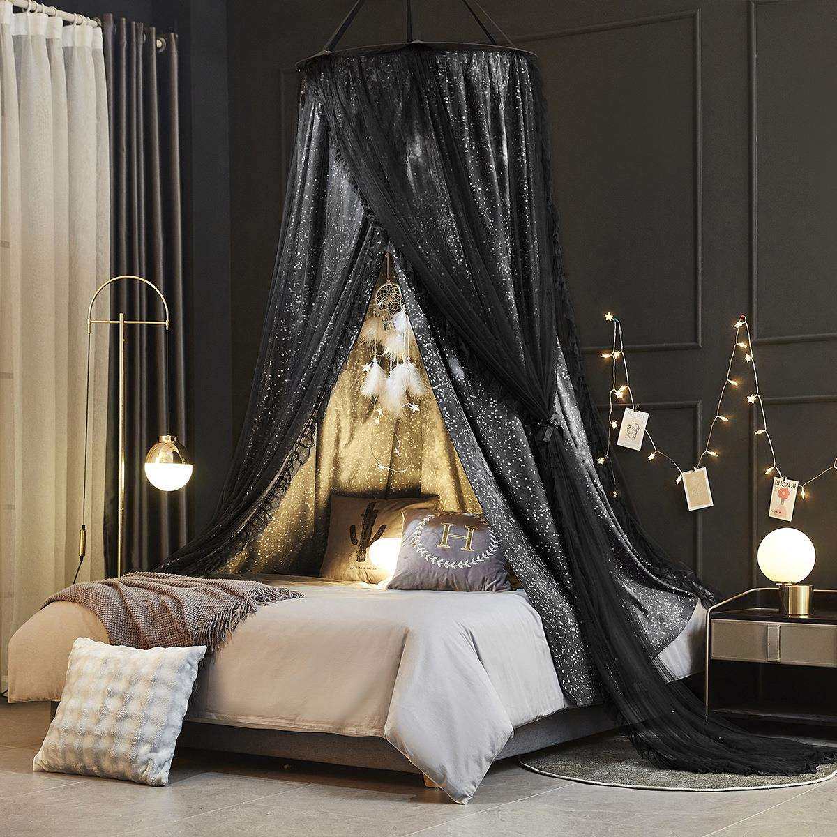 双层一体式公主挡风防尘床幔家用吊挂式圆顶蚊帐遮光帘免打孔安装