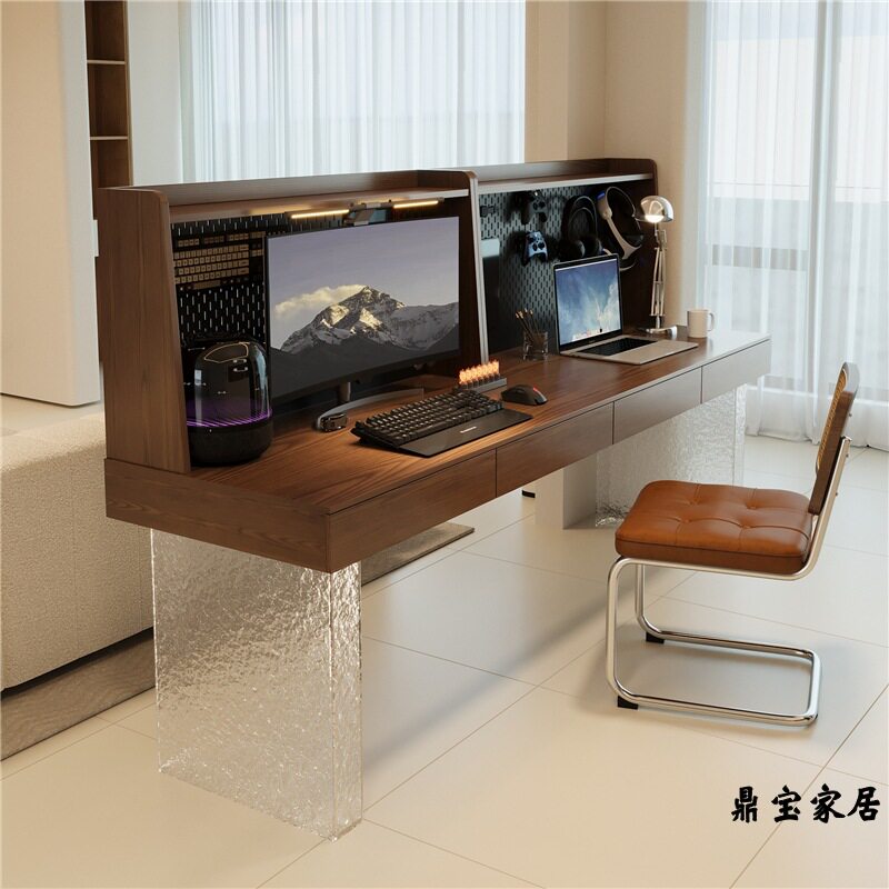 实木双人电脑桌带抽屉书桌书柜一体靠墙亚克力悬浮现代简约办公桌