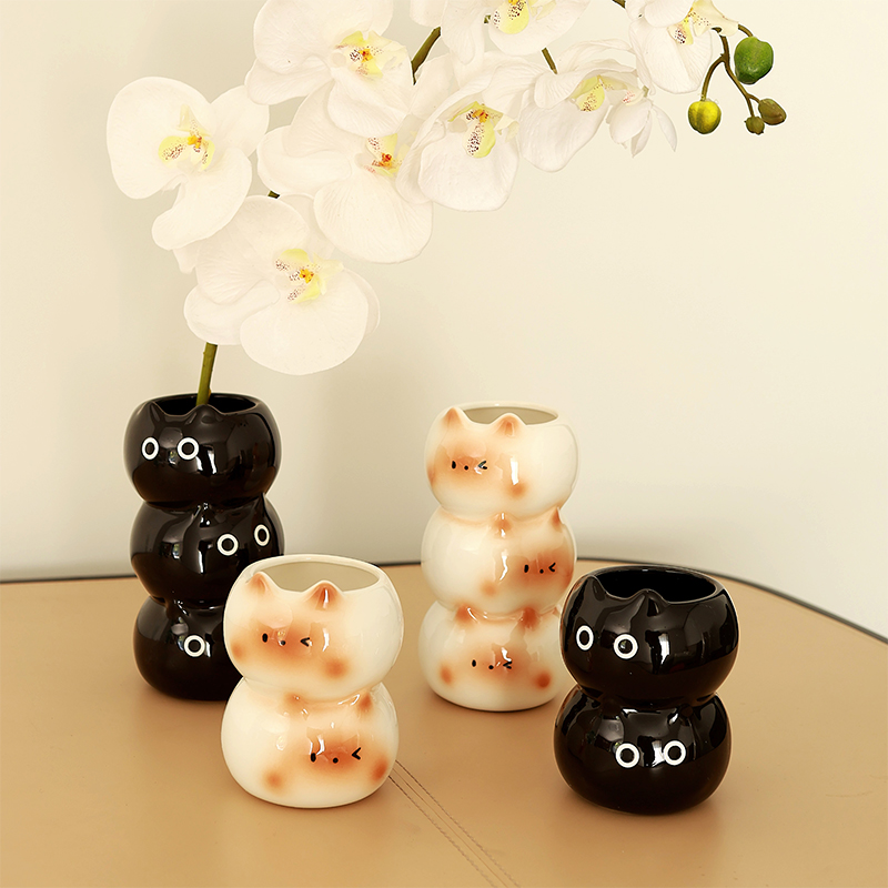 可爱暹罗猫陶瓷花瓶客厅插花装饰品高颜值家居摆件化妆笔收纳筒