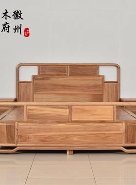 惠州木府老榆双人床实木盒子床新中式榫卯1.8米婚礼床简约抽屉床