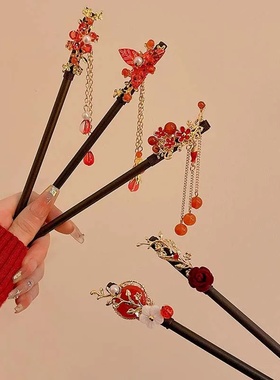 Retro Red Flower Wooden Hair Stick For Women 2025 New Year