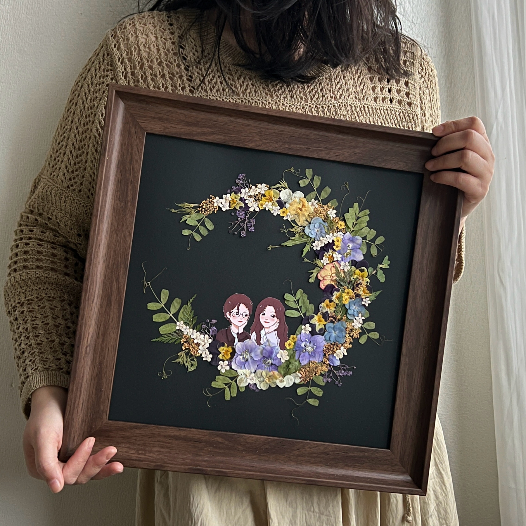 精品手工diy结婚送新人礼物月亮干花永生花压花喜字相框装裱画框