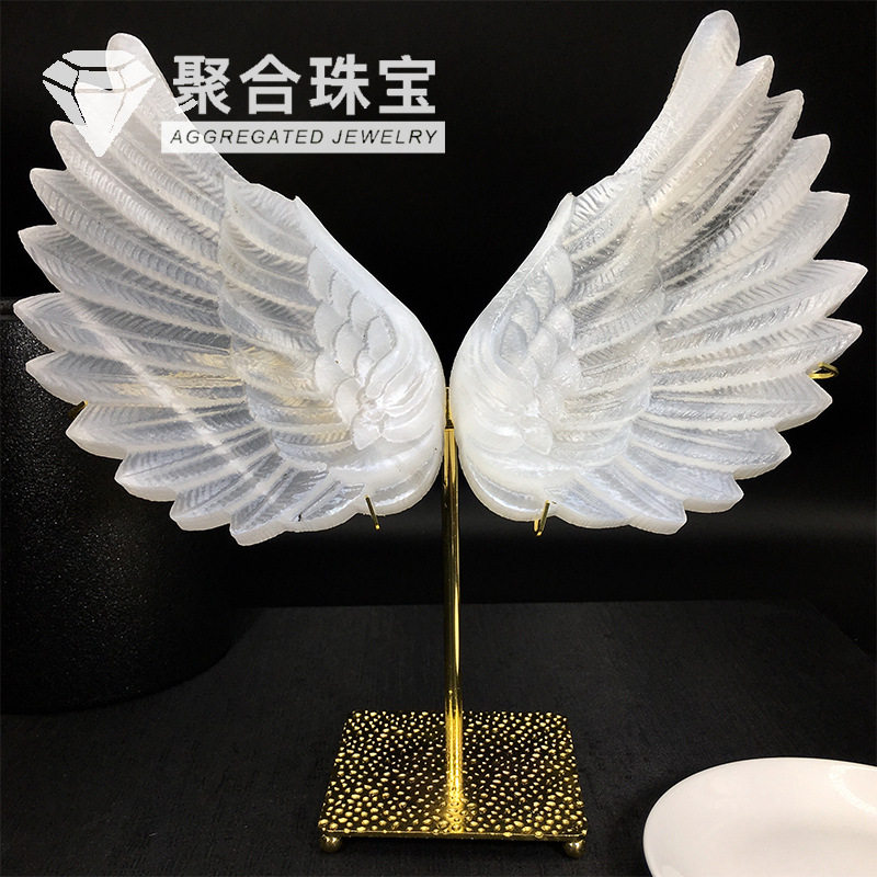 天然摩洛哥透石膏原石拍照道具雕刻翅膀羽毛摆件家居桌面装饰