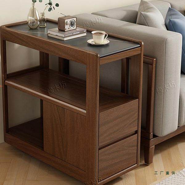 实木沙发边柜侧柜带轮可移动小茶几家用客厅现代简约岩板轻奢边几