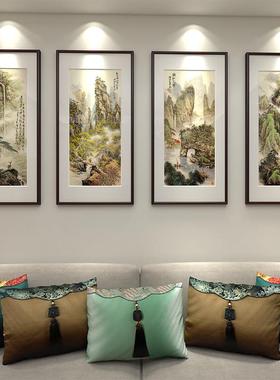 富水长流国画新中式客厅装饰画山水风景画高山流水挂画玄关四联画