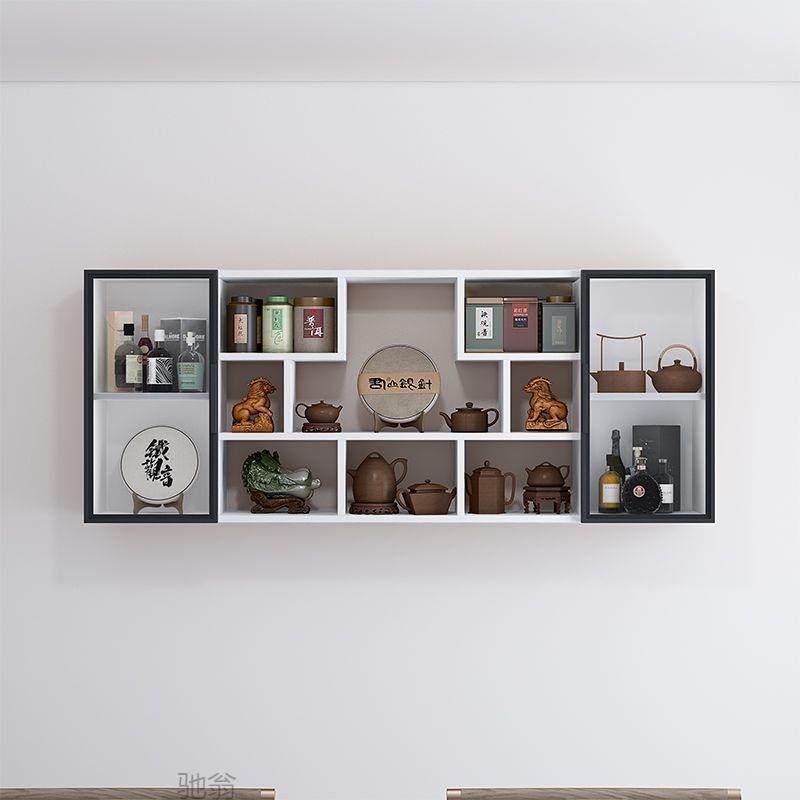 博古架实木中式壁挂式墙上茶壶展示架置物架防尘钢化玻璃门多宝阁