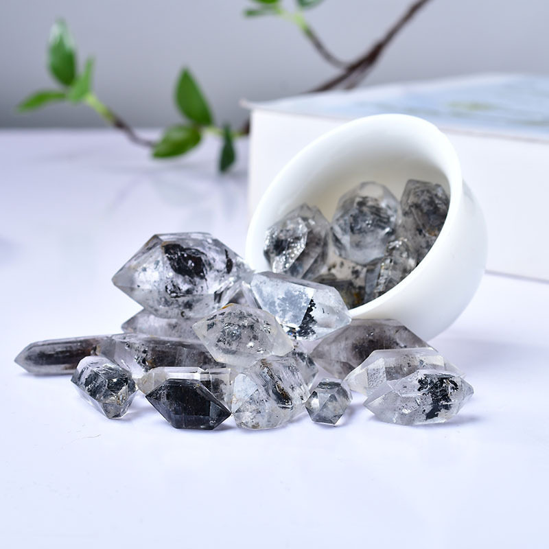 批发天然黑糖心闪灵钻双尖黑幽灵黑流沙水晶原石把玩装饰水晶碎石