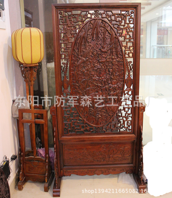 金鸡牡丹中式仿古落地屏风