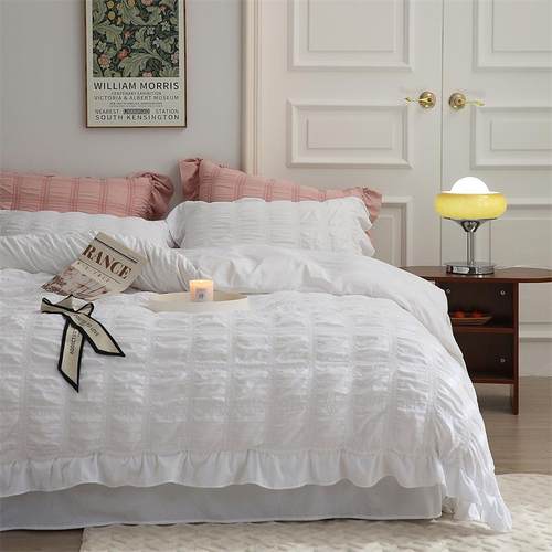 韩版方格泡泡纱荷叶边四件套床单被套被罩1.5-1.8m米四季床上用品