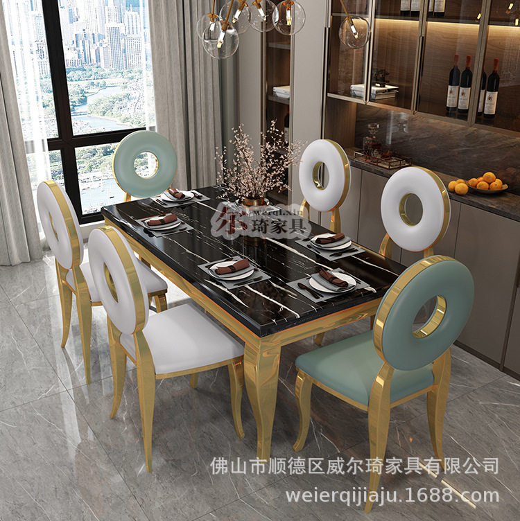轻奢港式意式欧式金色不锈钢餐桌椅组合现代简约时尚酒店餐厅桌椅