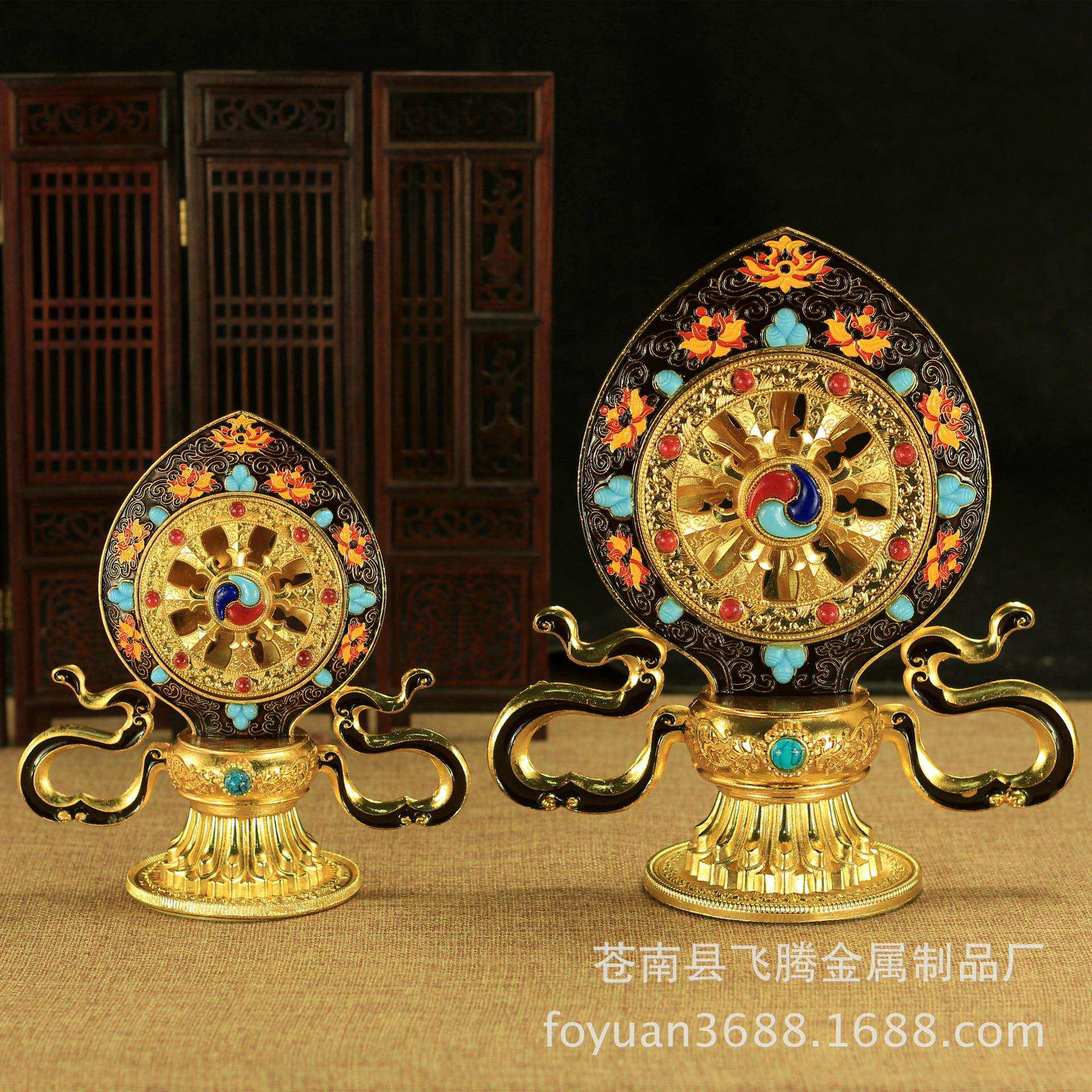藏传用品法器轮王七珍双鹿转法轮摆件法轮宝