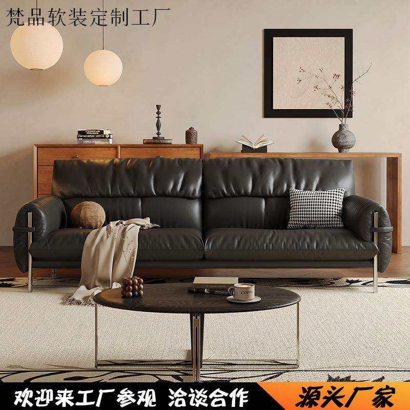 中古风皮艺沙发客厅意式极简不锈钢黑色直排沙发样板间工作室复古
