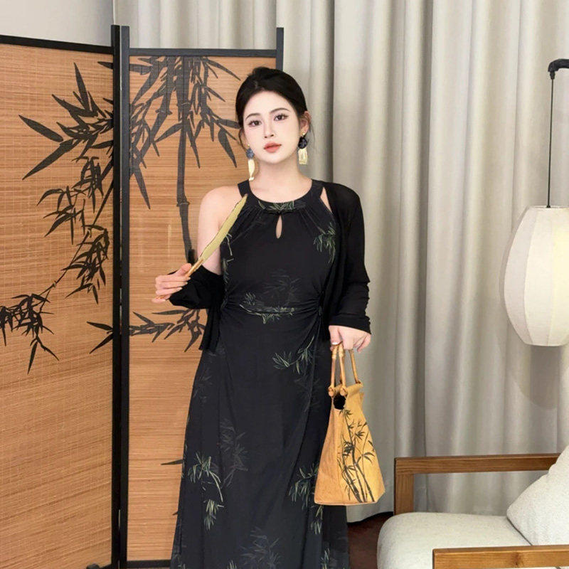 大码微胖mm新中式国风改良旗袍连衣裙女夏季长袖防晒开衫网纱裙子
