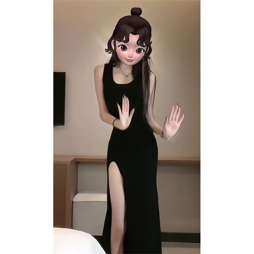 黑色吊带背心连衣裙女春夏御姐风性感开叉包臀长裙风情万种的裙子