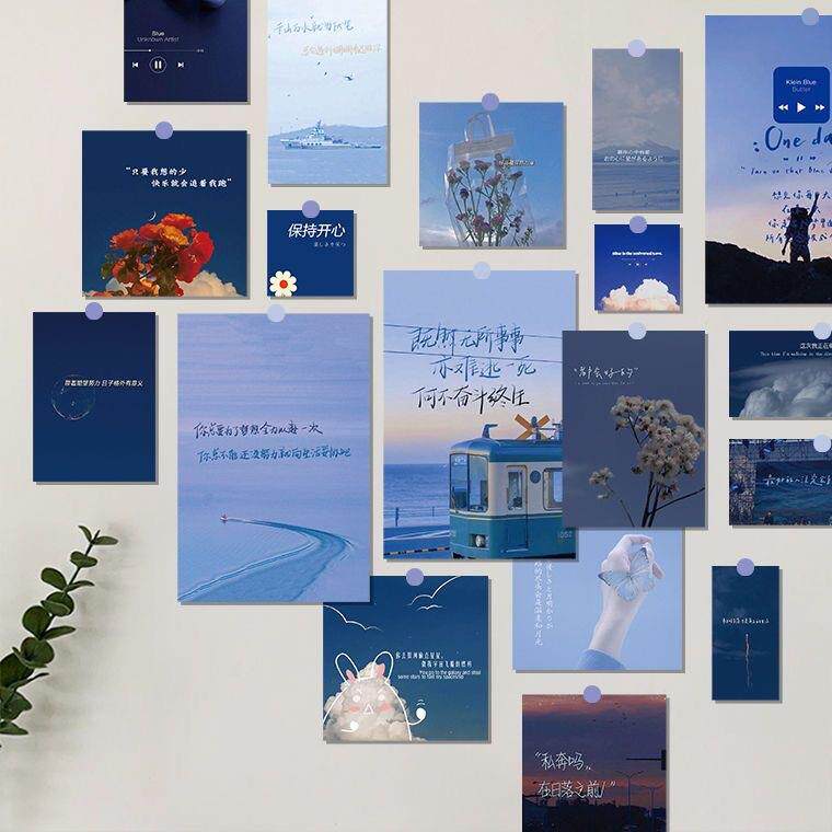 20张蓝色风景文字卡片 简约文艺拍照背景宿舍寝室DIY墙面装饰墙贴