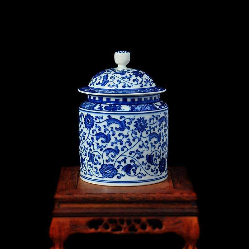 景德镇陶瓷花瓶摆件青花瓷器盖罐缠枝莲纹茶叶罐中式博古架装饰