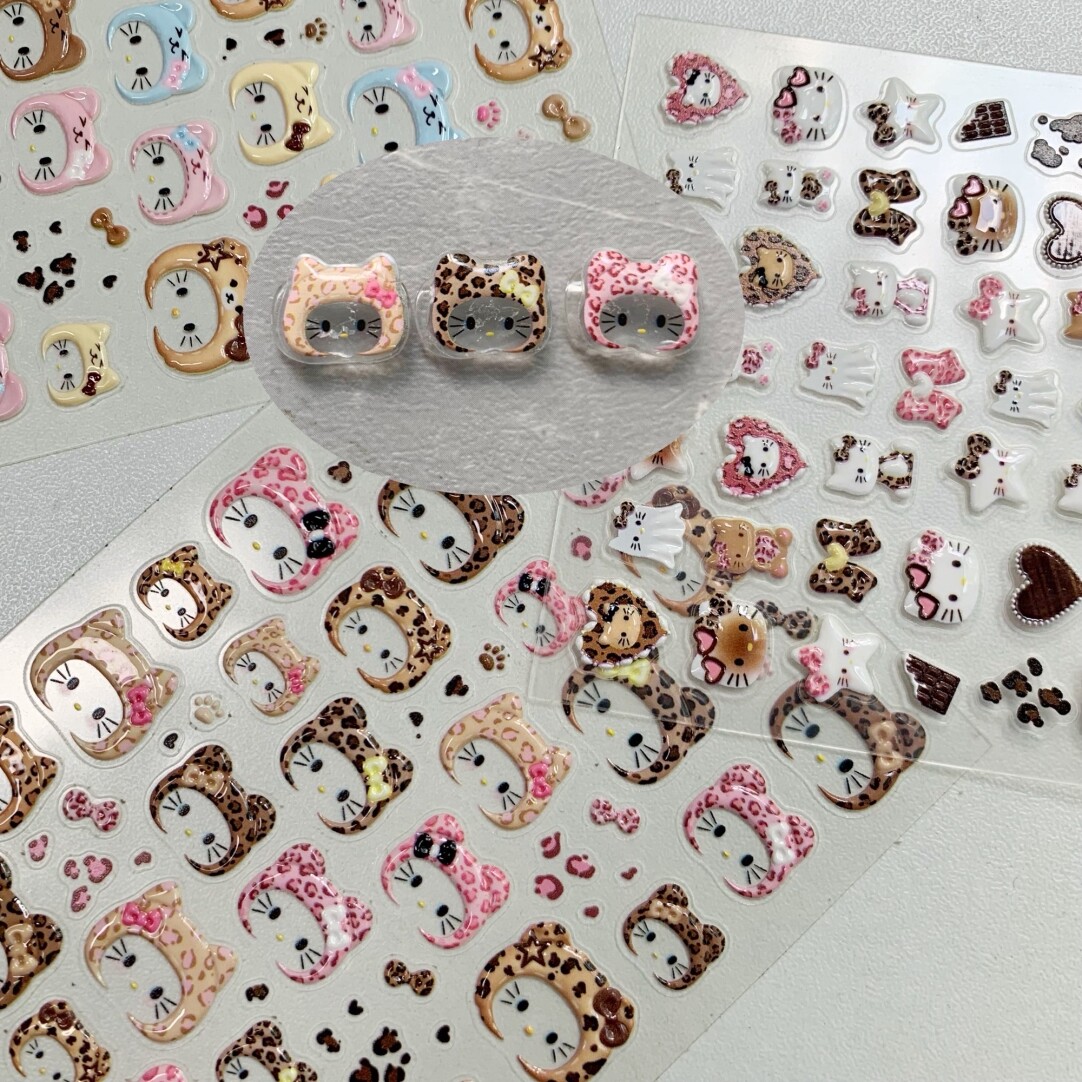 新款美拉德辣妹豹纹可爱kitty美甲贴纸卡通头套浮雕蝴蝶结diy饰品