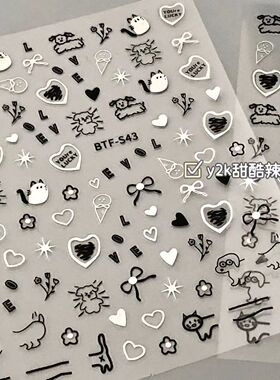甜酷金属美甲贴纸可爱卡通猫咪小狗爱心小图案ins童趣涂鸦3D背胶