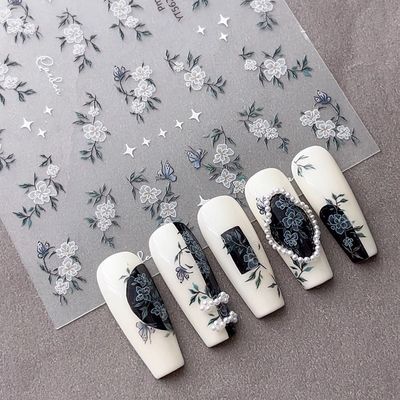 新款国风唯美花朵浮雕立体美甲贴纸新中式古风手工穿戴甲饰品背胶