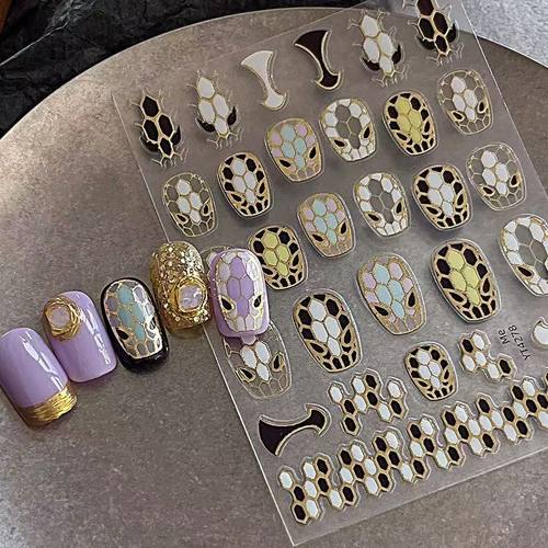 招财烫金蛇纹格纹diy美甲贴纸