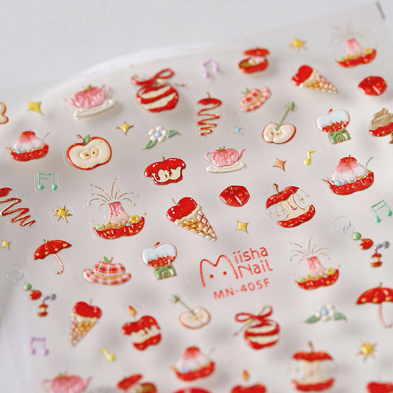 新款红彤彤大苹果浮雕美甲贴纸卡通立体童趣冰激凌甜品儿童指甲贴