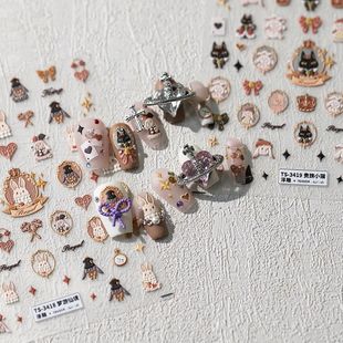 轻奢爱丽丝梦游仙境兔兔美甲贴纸定制贵族小猫复古洛克兔子卡通贴