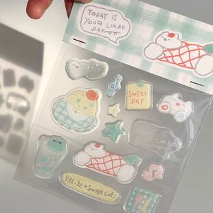 可爱猫咪甜品ins立体果冻贴纸青苹果高颜值diy手机电脑平板贴咕卡