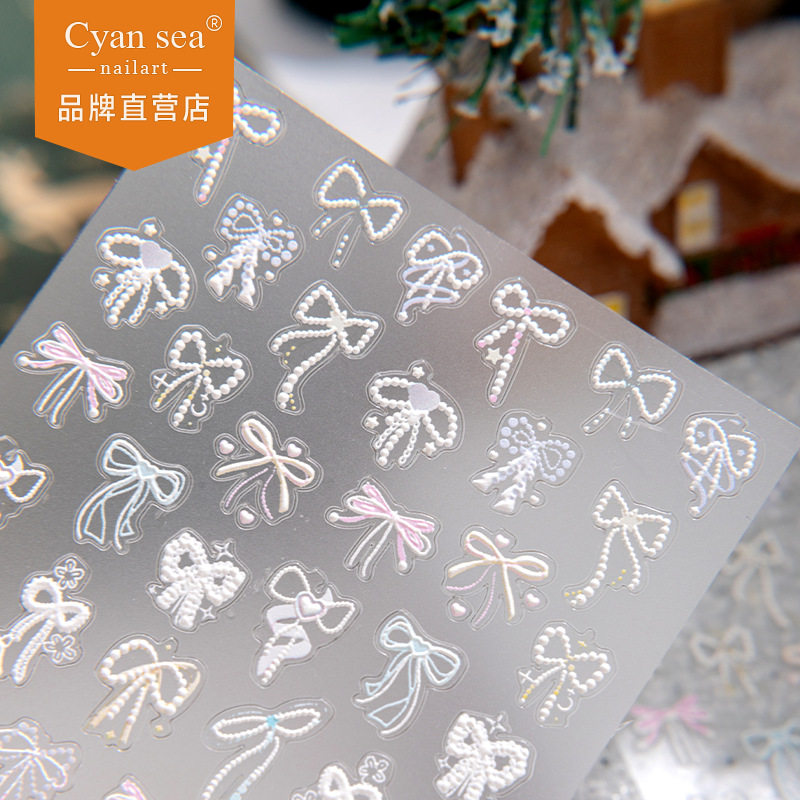 Cyansea爱心蝴蝶结指甲贴5D浮雕立体纯洁白色蝴蝶结美甲贴纸装饰