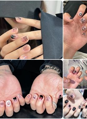 Sky小红书爆款男生涂鸦鬼脸美甲贴纸ins热卖街头艺术风黑色指甲贴