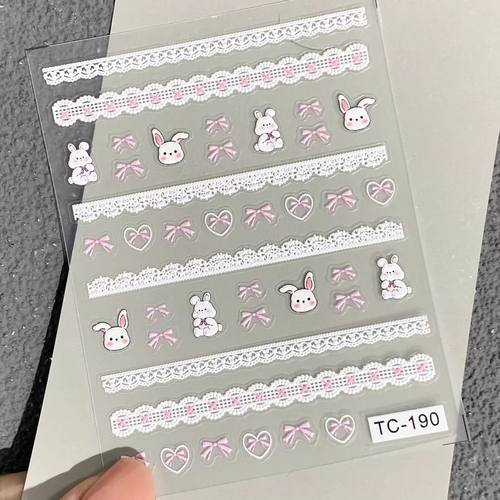 白色蕾丝蝴蝶结兔子浮雕美甲贴纸