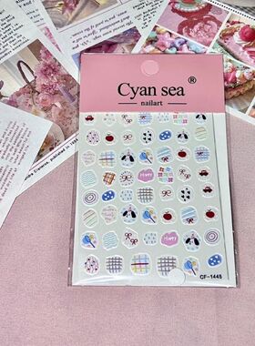 小熊新款樱桃美甲贴纸卡通苹果涂鸦线条可爱浮雕蝴蝶结insdiy指甲