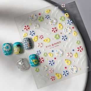 夏日装饰沙滩卡达鸭浮雕贴纸美甲可爱卡通多彩星星背胶指甲贴纸