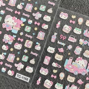 可爱hello kitty凯蒂美甲贴纸少女蝴蝶结卡通DIY指甲贴纸浮雕立体