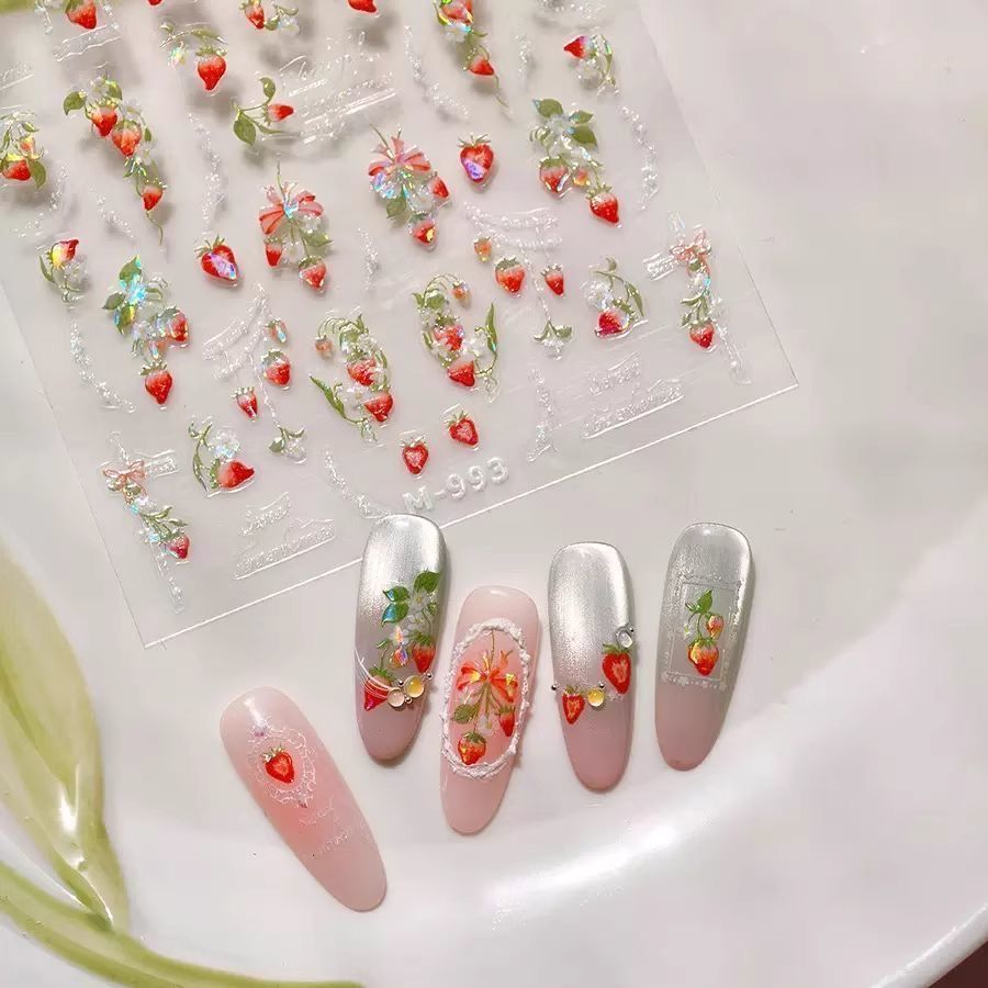 可爱春日草莓3d浮雕立体美甲贴纸防水背胶diy手账指甲装饰贴纸
