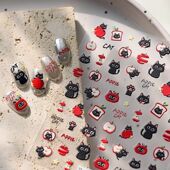 新款 可爱红苹果小黑猫美甲浮雕贴纸立体涂鸦手绘卡通diy指甲贴花