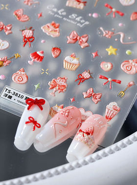 新款浮雕立体3d草莓松糕可爱美甲贴纸ins蝴蝶结小蛋糕diy相机贴纸