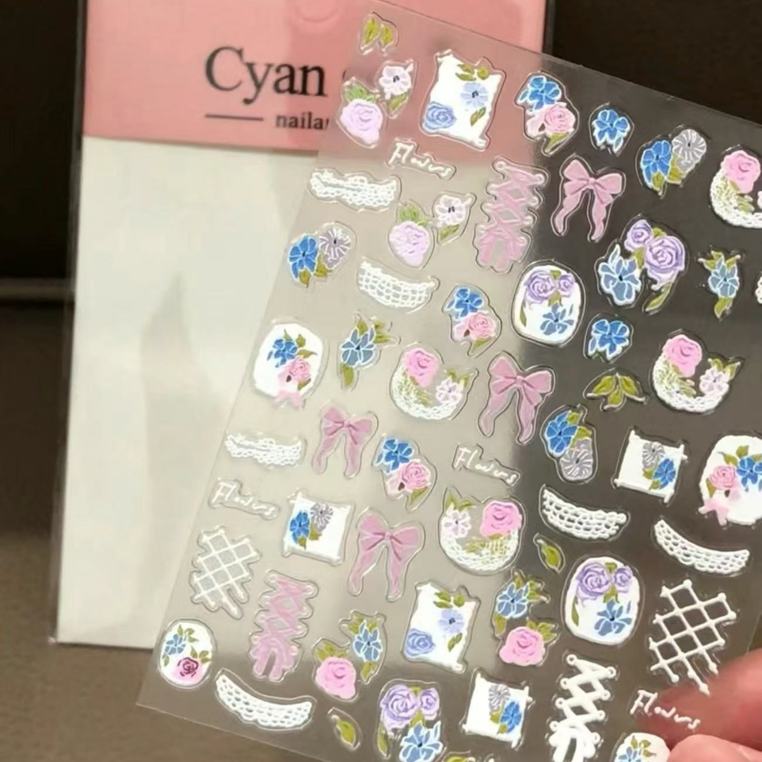 网袋玫瑰浮雕少女蝴蝶结美甲贴