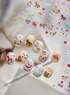 马年春节新款天鹅小马美甲贴纸卡通红色浮雕格子贴布可爱木马指甲