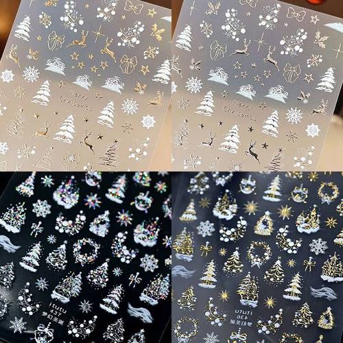 爆款梦幻圣诞美甲贴纸圣诞树爆闪立体浮雕烫金星星雪花指甲装饰品