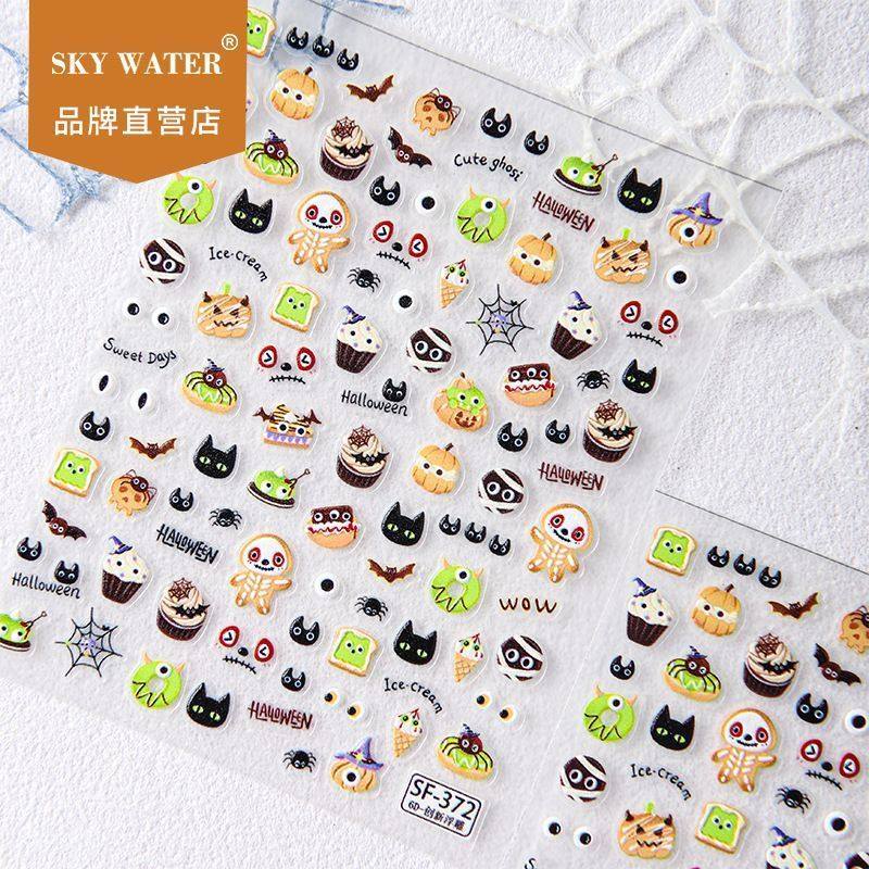 Sky万圣节骷髅饼干人新款美甲贴纸卡通可爱黑小猫蜘蛛装饰指甲贴