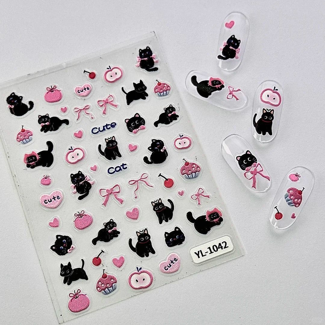 黑猫美甲贴纸卡通浮雕小猫咪蝴