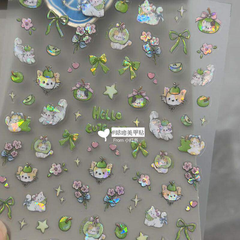 可爱青苹果小猫咪指甲贴