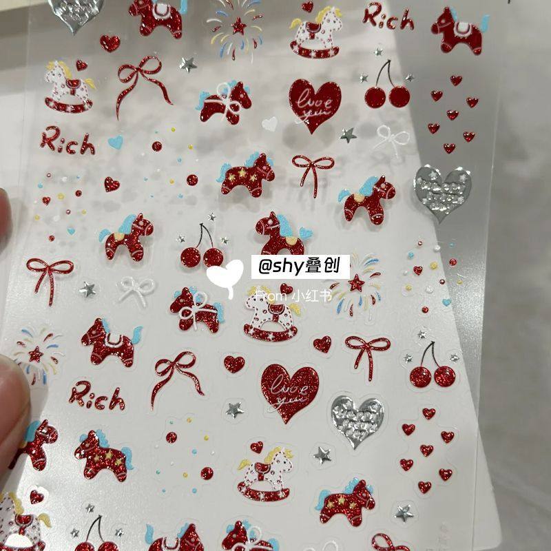 新款流心闪亮红色爆闪爱心小马美甲贴纸樱桃蝴蝶结烟花指甲diy贴,彩妆/香水/美妆工具,指甲装饰,淘宝优惠券,粉丝福利购,淘宝优惠卷