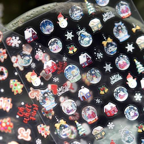 小红书同款冬暖水晶球浮雕立体美甲贴纸防水背胶圣诞指甲装饰贴画