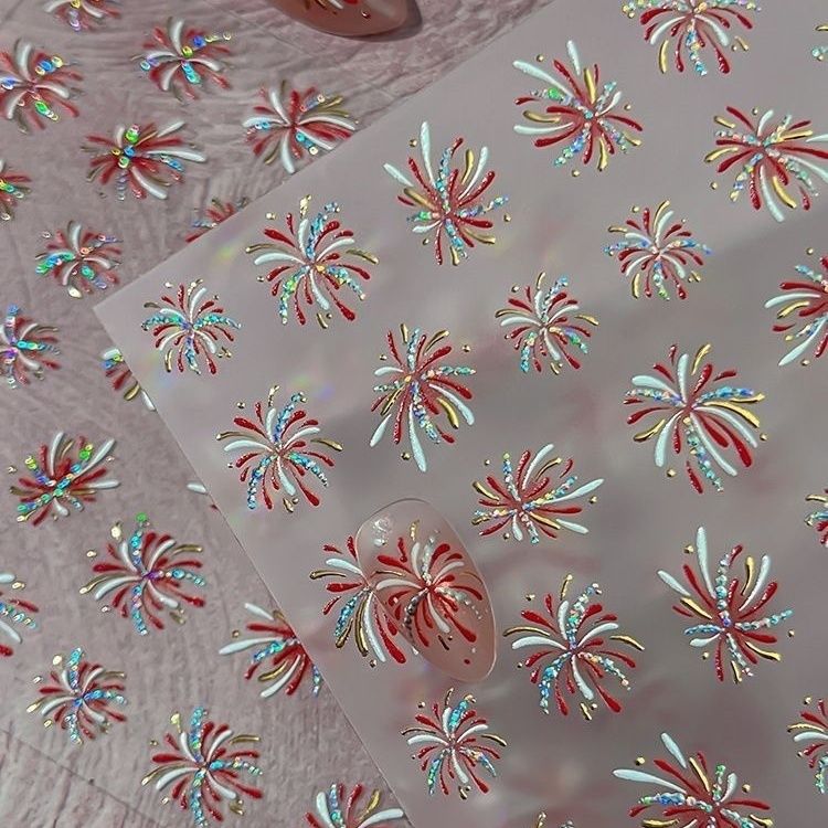 绚烂炫彩彩色爆闪浮雕新年烟火花美甲贴纸贝壳镭射浪漫背胶指甲