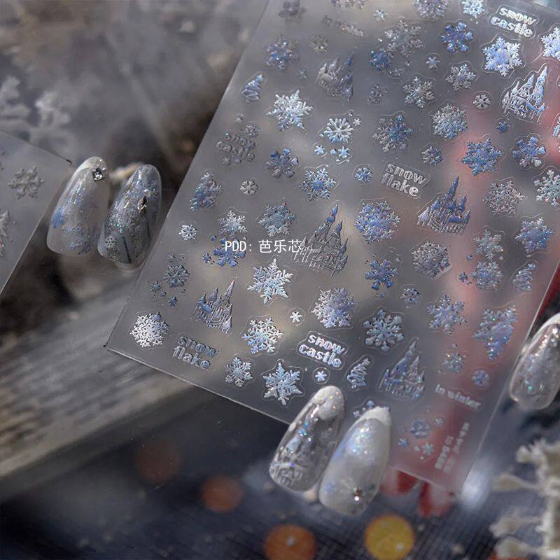 圣诞冬日城堡雪花美甲贴纸浮雕唯美冬季雪人装饰白色背胶梦幻指甲