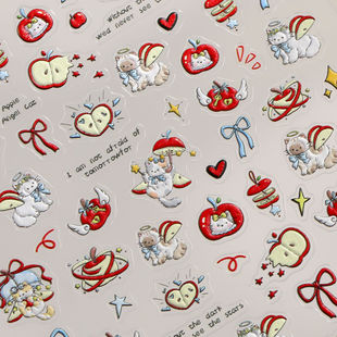 可爱新款 红苹果猫咪浮雕美甲贴纸3d立体天使小猫diy笔杆ccd指甲贴