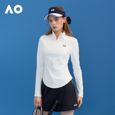 AO澳网时尚舒适灵活半拉立领修身透气速干网球运动长袖T恤女士